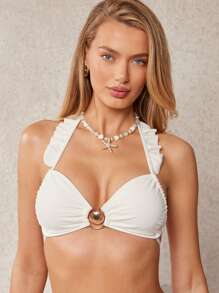 Top de bikini elegante y romántico con detalles plisados y volantes en los tirantes para vacaciones - Blanco - Ver 5