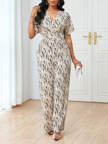 Lunelith SHEIN Lunessa V领短袖全条纹印花松紧腰修身优雅休闲女式连体裤 - 彩色 - 查看 6
