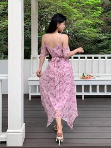Modelyn Women's Summer Chiffon Pink Floral Dress,Elegant Ruffle Off Shoulder Strap Wedding Guest Dress,Holiday Tea Party Summer Outfits Graduation Dress - Dusty Pink - View 4