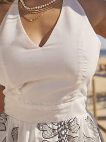 Aralina 女士花卉印花露背迷你连衣裙，适合节日穿着 - 白色 - 查看 6