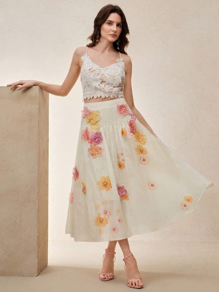 Women's New Arrival Spring/Summer Chiffon Wide-Hem 3D Floral A-Line Skirt, Elegant Holiday Vacation
