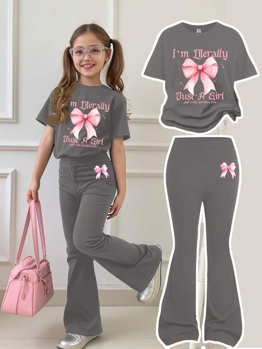 SHEIN Leap Crew 2 件套青少年女孩休闲简约短袖上衣和长裤套装，适合夏季