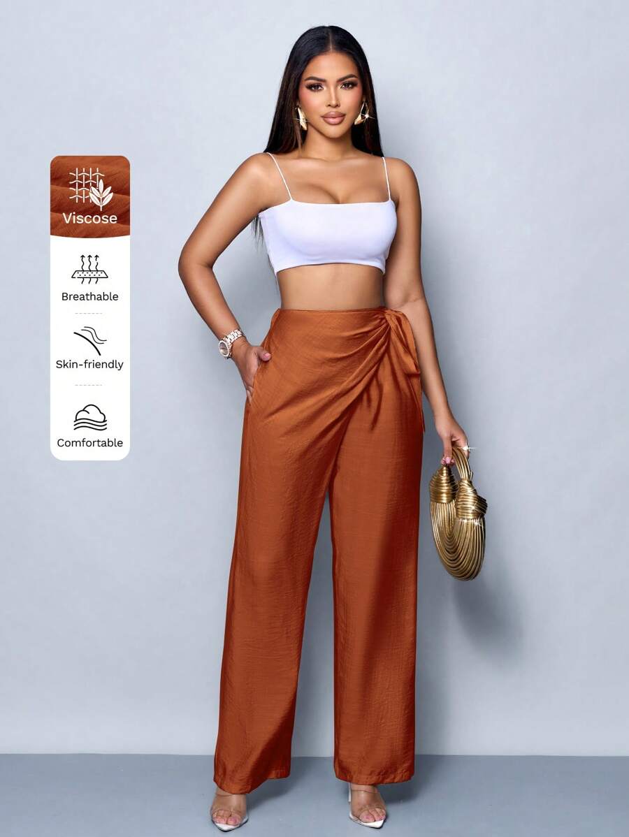 SOLERSUN 女式仿亚麻高腰阔腿裤 - 鏽棕色 - 查看 1