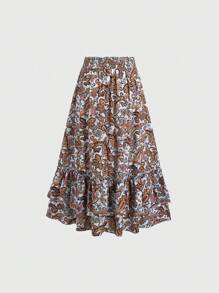 Sweetra Women's Bohemian Style Cashew Flower Pattern Ruched Maxi Skirt With Fringes And Bowknot Waist, Suitable For Vacation Fall Cloth For Women - Multicolor - View 2
