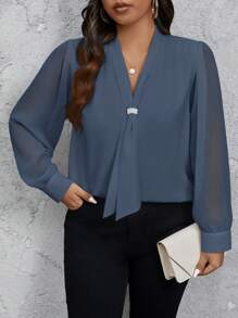 SHEIN Privé Blusa elegante de manga transparente con lazo de mujer talla grande de unicolor - Azul Marino - Ver 8