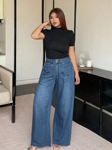Dazy Plus Pantalones vaqueros de pierna ancha con bolsillos falsos, de un solo color, lavados, de ajuste holgado, para todas las estaciones