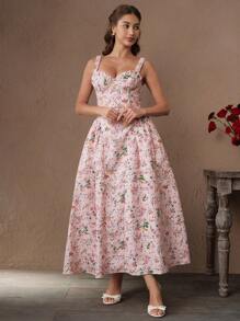 SHEIN Unity Váy xòe xanh trễ vai buộc dây hở lưng họa tiết hoa lãng mạn thanh lịch có thân áo bo xương thép, lý tưởng cho trang phục nghỉ dưỡng mùa xuân và mùa hè - Hồng - Xem 5