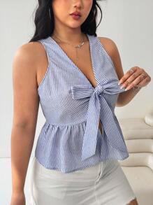 SHEIN EZwear Camicia senza maniche con stampa a righe, arricciatura sul fondo e laccetti davanti, taglie comode - Blu e Bianco - Visualizzare 6