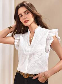 Almamuse Women's Casual Versatile Elegant Solid Color Notched Neck Summer Ruffle Hem Shirt - White - View 4