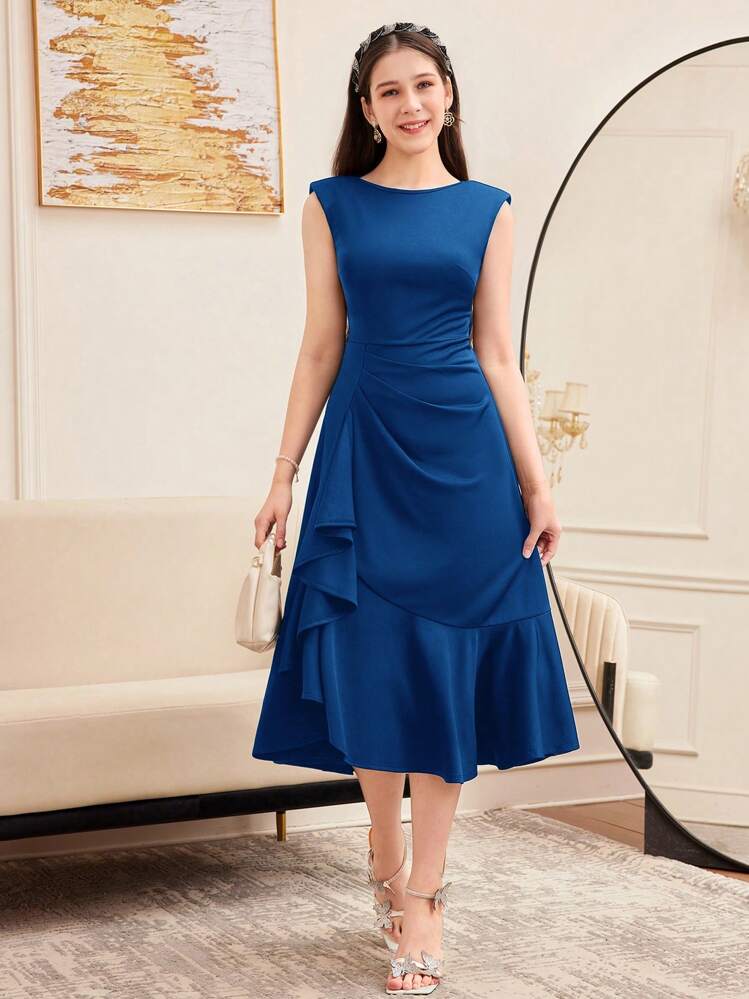 SHEIN فستان طويل أنيق ذو تصميم متماسك بدون أكمام وبتطريز دانتيل وكشكشة للبنات المراهقات، مناسب للسهرات والمناسبات العائلية المميزة وحفلات الخطوبة - الأزرق - مشاهدة 4