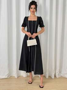 Modelyn Đầm dài vừa phải thanh lịch cổ vuông tay ngắn viền màu tương phản cho nữ, mùa hè - màu đen - Xem 6