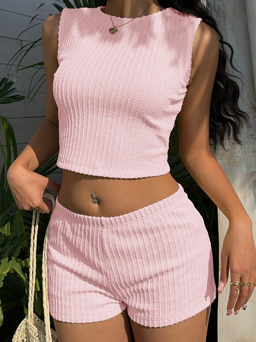 SHEIN EZwear 2件套粉色针织女士圆领无袖上衣和短裤休闲套装 - 粉色 - 查看 1
