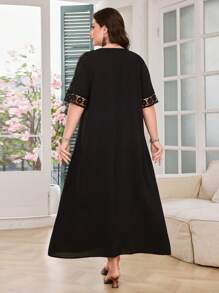 Lacomfia Plus Size Women Loose Casual Round Neck Short Sleeve Patchwork Ruffle Hem Arabic Style Dress - Black - View 2