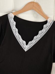 SHEIN Women's Casual Lace Trim V-Neck Hem Slit Design Nightgown,Women Sleepwear Tops, Women S Tops, Cute Tops Women - Black - View 4