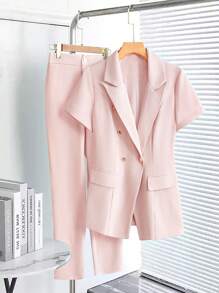 SHEIN Clasi Bộ vest blazer tay ngắn màu hồng và quần ống đứng cho nữ, nhẹ nhàng, thanh lịch và sang trọng cho mùa hè - Màu xanh lam - Xem 1