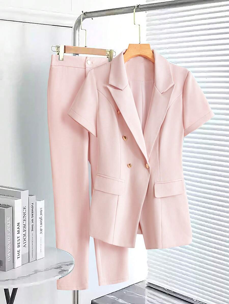 SHEIN Clasi Bộ vest blazer tay ngắn màu hồng và quần ống đứng cho nữ, nhẹ nhàng, thanh lịch và sang trọng cho mùa hè - Màu xanh lam - Xem 1