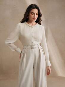 Anewsta Heavy Beaded Chiffon Long Sleeve Blouse With Embroidered 3D Floral Design And Double Layer Round Neck For Women - White - View 7