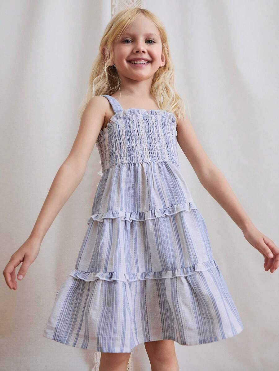 SHEIN Young Girls' Summer Spaghetti Strap Striped Ruffle Hem Dresses