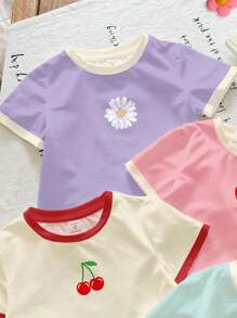 SHEIN 4pcs Baby Girl Cute Dopamine Colorful Fruit Cherry, Strawberry, Lemon, Flower Graphic Casual Round Neck Short Sleeve T-Shirts, Suitable For Spring/Summer