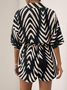 Vesra Striped Print Bat Wing Collar Bowknot Women's Romper