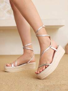 Styleloop Women's Canvas Wedge Lace-Up Sandals, Minimalist And Practical Multifunctional - Silver - View 3