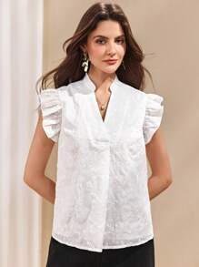 Almamuse Women's Casual Versatile Elegant Solid Color Notched Neck Summer Ruffle Hem Shirt - White - View 7