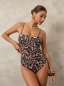SHEIN Women's Standard Leopard Print Ruched Front Detachable Strap One-Piece Swimsuit, Suitable For Beach For Summer Beach Vacation - Multicolor - View 3