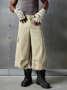 NEON BLANC Men's Street Fashion Woven Loose Wide Leg Cargo Pants With Embroidery And Pockets, Streetwear Style - Khaki - View 3