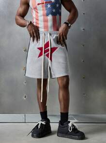 NEON BLANC Men's Streetwear-Inspired Gray Star Embroidery Personalized Knitted Shorts, School - Grey - View 2