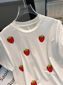 Chiquease New Fashionable T-Shirt For Women, Sweet And Youthful Look With Embroidered Strawberry Patches, Versatile And Slimming Regular Fit, Short Sleeve - White - View 5