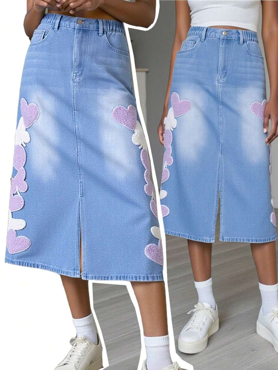 Teens Girls Casual Heart & Butterfly Embroidery Denim Skirt, Blue, Loose Fit, Versatile Denim Skirts For Women Jean Skirts For Women Jeans Skirts Long Jean Skirt Skirts For Teen Girls Tween Girls Denim Skirts - Medium Wash - View 1