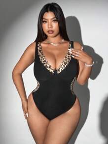 Allurite Plus Size Women Leopard Print Patchwork Casual Bodysuit For Daily & Holiday - Black - View 1