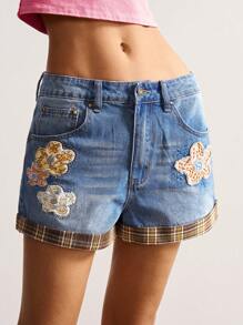 Bohemela Shorts vaqueros tejidos de unicolor con bordado, estilo campestre vintage bohemio