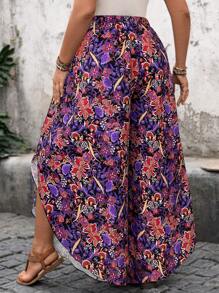 SHEIN LUNE 加大码女式花卉印花松紧腰系带下摆不对称下摆长裤，度假节波西米亚风复古印花不对称下摆长裤 - 紫色 - 查看 2