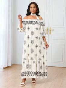 SHEIN Unity Vestido con estampado retro, hombros descubiertos y volantes para vacaciones para mujeres - Albaricoque - Ver 4