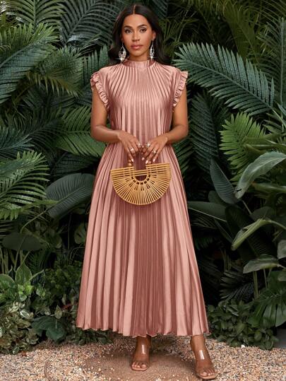SHEIN Lady Ginger Satin Pleated Small Fly Sleeve Long Women's Dress Loose Casual Vacation Elegant Party Four Seasons Birthday&Event Dresses /Office Dresses /Wedding Dresses /Holiday Dresses /,Dresses For Women Summer