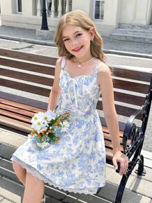 Tween Girls' Woven French Ditsy Floral Shirred Backless Crisscross Tie Waist A-Line Dress - Blue - View 2