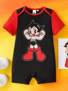 Astro Boy X SHEIN 男宝宝可爱卡通图案红黑色短袖哈衣
