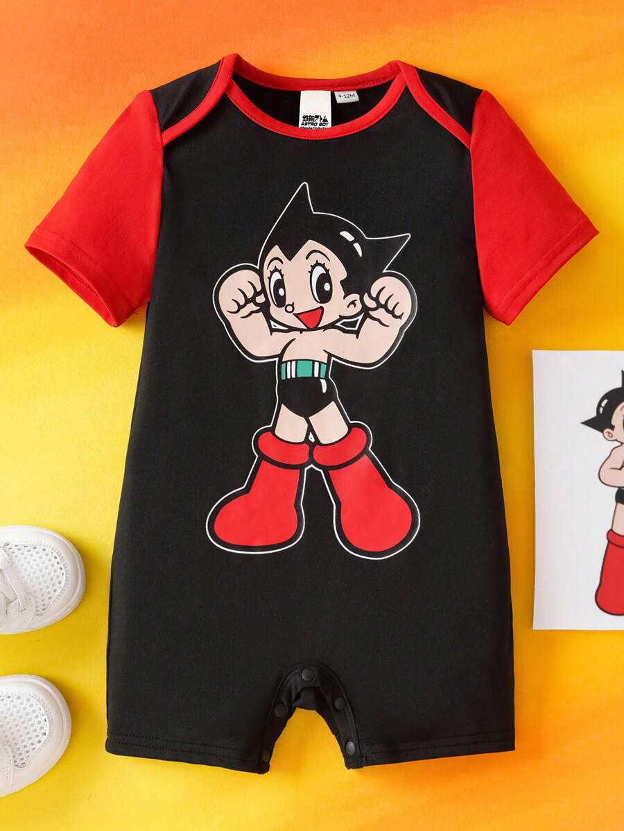 Astro Boy X SHEIN 男宝宝可爱卡通图案红黑色短袖哈衣