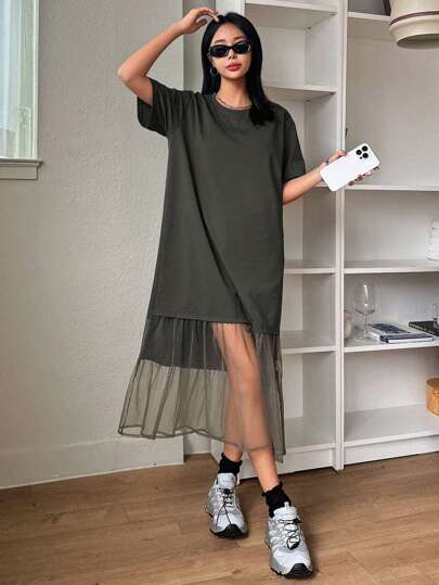 DAZY Mesh Spliced Round Neck Loose Short Sleeve T-Shirt Dress For Women Summer Sundress,Casual Women Dresses