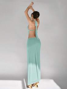 Aloruh 女士优雅性感露背吊带连衣裙 - 綠色 - 查看 2