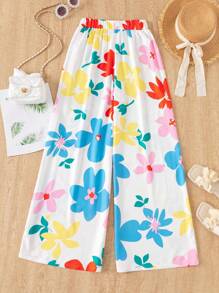 Pantalones anchos con estampado de flores para niñas preadolescentes, pantalones de playa, nuevos estilos de verano, pantalones anchos de moda para combinar madre-hija - Rosa - Ver 2