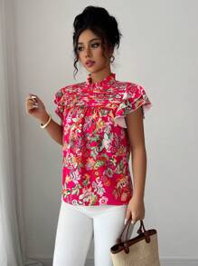 Elenzga Women's New Vibrant Floral Print Cap Sleeve Blouse Top (Floral Pattern Random Cut), Summer - Multicolor - View 6