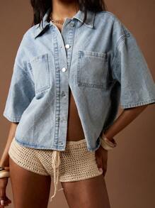 MISSGUIDED Western Style Denim Shirt Jacket Quarter Sleeve Textured Quilted Pattern Cowgirl Festival Summer Spring - Light Wash - View 7