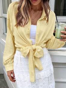 SHEIN LUNE Camisa de manga larga con textura de encaje y unicolor casual para mujer, adecuada para vacaciones, uso diario, protección solar, verano, aeropuerto, vacaciones de verano, playa, salidas, tops de verano lindos, festivales, color amarillo mantequilla, tops para salir - Amarillo - Ver 3