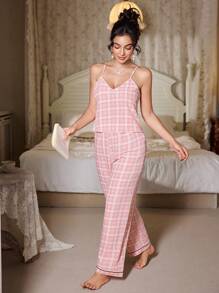 CottageSlumber 女士粉色简约格子印花V领吊带背心和长裤睡衣套装节日季