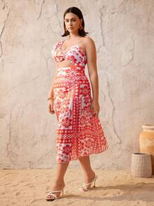 Swim Oasis 加大码女式二合一花卉印花连体泳衣，带长裙，时尚休闲度假沙滩装伊比沙岛服装