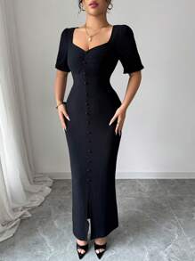 Modelyn Vestido midi feminino com decote quadrado e manga lanterna, tecido texturizado, elegante para uso diário