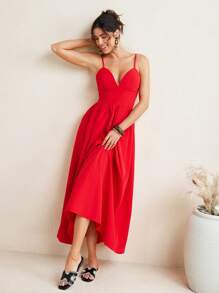 VIOLA AND VESPER Vintage Red Spaghetti Strap Corset Woven Poplin Voluminous Midi Dress Women Summer Dress