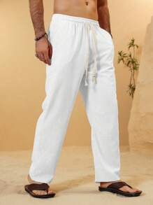 Manfinity RSRT 2 piezas/Set Pantalones de lino casuales con bolsillos y cordón en la cintura para hombres, ropa de otoño - Beis - Ver 4